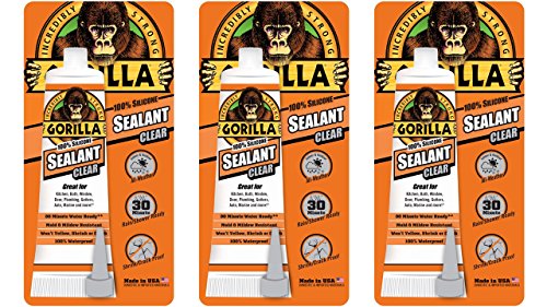 Gorilla 100 Percent Silicone Sealant Caulk, 2.8 ounce Squeeze Tube, Clear, (Pack of 3)