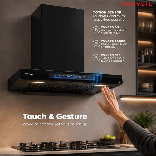 Image of Carysil AeroSync SilentX 60 cm BLDC Motor Kitchen Chimney, T-Shape, 1800 m /hr Suction, Auto-Clean Filterless, 9+ Turbo & Gesture Control, LED Lamp, 12-Year Warranty - Black