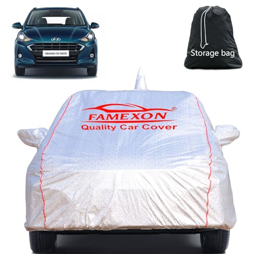 Image of Full Body Car Cover for Hyundai Grand I10 Nios with Mirror and Antena Pocket Triple Stiched(Silver with Red Piping)