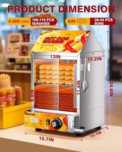 Image of WantJoin Hot Dog Steamer - 28.8QT Adjustable Temperature Electric Hot Dog Steamer with Bun Warmer, Visible Glass Sliding Door, Suitable for 175 Hot Dogs &40 Buns
