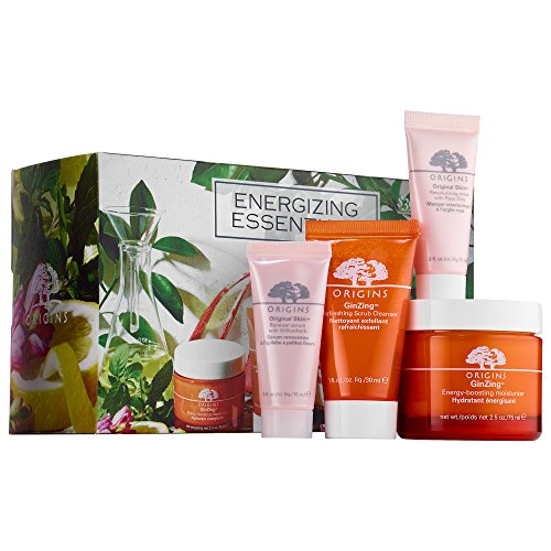 Origins Energizing Essentials Set - Big size GinZing Moisturizer 2.5 oz+Scrub Cleanse+Renewal Serum+Retexturizing Mask and Cotton Wristlet