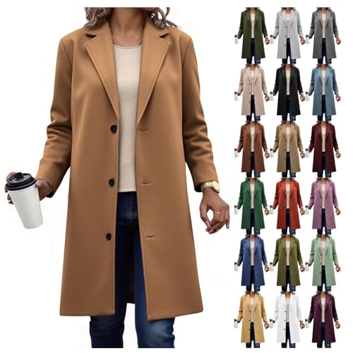 EMATOP Wollmantel Damen Winter Warm Trenchcoat Elegant Lang Blazer Jacke Langarm Einfarbig Wintermantel Baumwolle Revers Übergangsjacke Klassisch Business Windbreaker Mode...