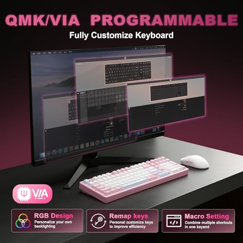 YUNZII AL98 Teclado Mecánico Gaming Inalámbrico, Teclado Gamer Aluminio, BT/2.4Ghz/USB-C, Retroiluminación RGB, QMK/Via Programable, Hot-Swap, Teclas PBT para Win/Mac (Rosa, Cocoa Cream V2 Linear) - imagen 4