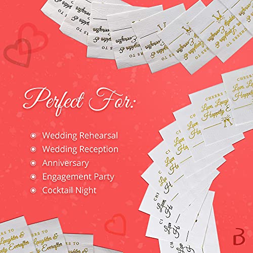 Napkins for Weddings, Rehearsal Dinners, More - "Cheers to Love, Laughter & Happily Ever After" Gold Lettered White Cocktail Napkins, 4.9 sq. in. Fancy Beverage Napkins & Decór by Bollepo (100)