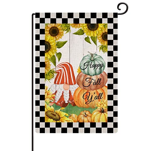 Bandera de jardín otoño grande de 28x40 pulgadas de arpillera con gnomo y calabaza