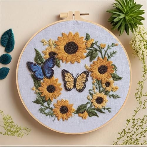 Image of Huacan Embroidery Kit for Beginners Adults Includes Stamped Sunflower Pattern, Hoop, Color Threads,Tools,Easy to Follow Instruction