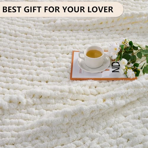 L'AGRATY Chunky Knit Blanket Throw: 80''x90'' Chenille Chunky Knitted Throw Blanket for Bed Couch - Handmade Thick Big Cable Knit Blanket - Large Chunky Crochet Blanket for Home Decor(Cream White)