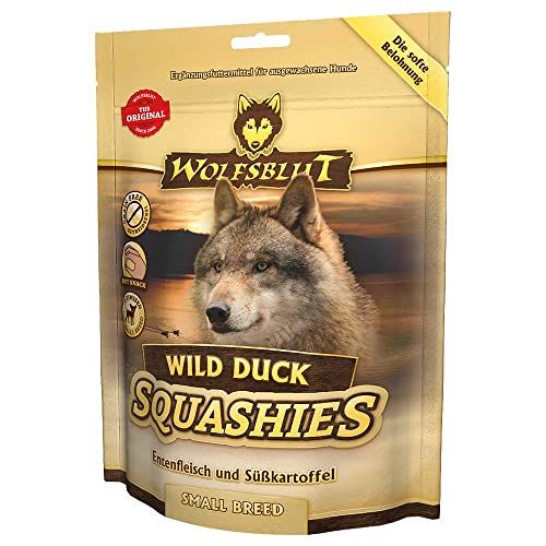 Wolfsblut Squashies Wild Duck SB - Hundesnack – getreidefreie Softsnacks mit Entenfleisch & Moringa – für kleine Hunde – Ergänzungsfuttermittel – 4 x 350g - Kroketten in Small Breed