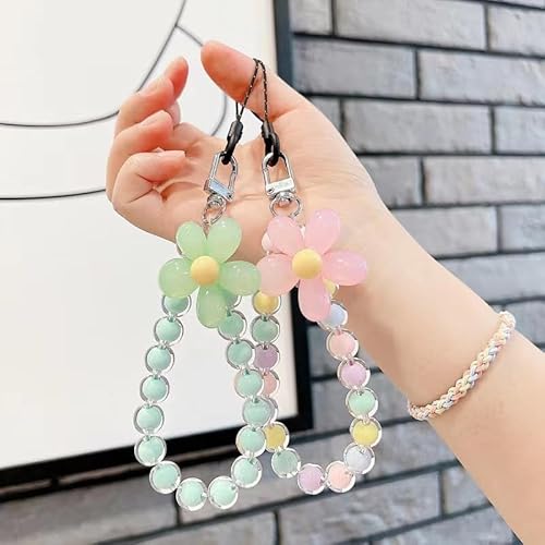 [wuxichiyan] ストラップ スマホ 手首 携帯 多彩なお花 キーチェーン ブレスレット ハンドストラップ 女の子 吊り下げペンダント装飾 落下防止 カラフルビーズ ストラップ リストストラップ ハンドメイド 電話キーチェーンチャーム (4.青)