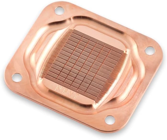 Underside of Aquacomputer Cuplex Kryos Next water block showing copper micro-fins