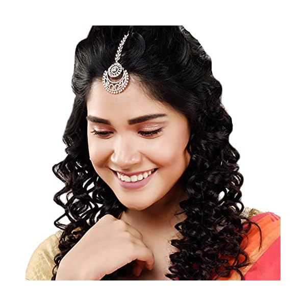 SARAF RS JEWELLERY Rose AD Studded Half Moon Shaped Handcrafted Maang Tika for Women & Girls - Image 5