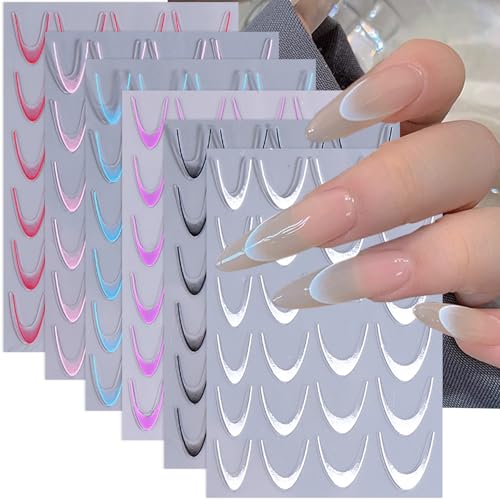 French Tip Nail Stickers - 3D Self-Adhesive Spring & Autumn Acrylic DIY Nail Charm Decoration for Women & Girls - 6 Sheets