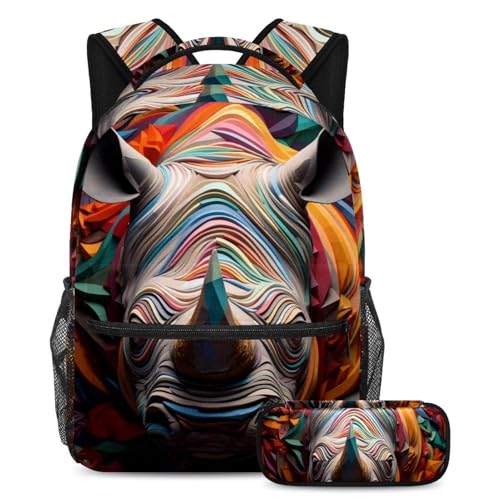 Cartables de grande capacité avec trousse motif rhinocéros pour étudiants, ensemble large