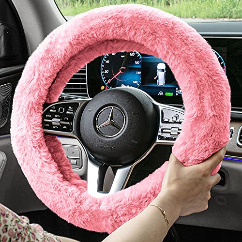 Image of FH Group Doe16 Faux Rabbit Fur Cozy Steering Wheel Cover Ultimate Protection Universal Fit for Most Cars, Trucks, SUVs, and Vans Pink
