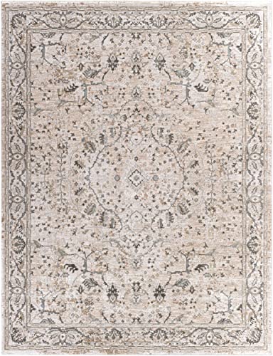 Image of Hauteloom Claridge Living Room, Bedroom Area Rug - Medallion Floral Border Distressed Faded - Traditional Oriental Transitional Oushak Turkish - Gray, Taupe, Beige, Cream, Brown - 6'7 inch x 9'6 inch