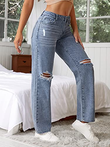SweatyRocks Women's Straight Wide Leg High Waisted Jeans Ripped Distressed Cut Out Denim Pants4