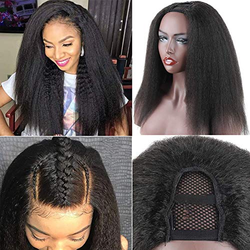 Aisaide Kinky Straight U Part Wigs for Black Women, 16 Inch U Part Wig Synthetic Yaki Curly Black Wigs for Natural 4C Hair, Full Head U Shape Wig Clip in U Part Curly Wig 150 Density (Kinky Straight)