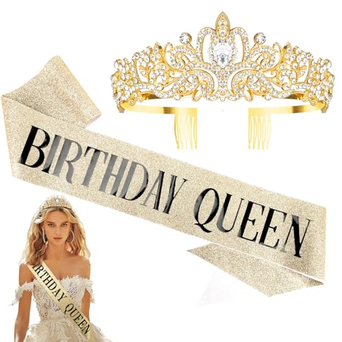 Jukeios Birthday Sash for Women,Birthday Crown Tiaras for Women,Gold Rhinestone Queen Sash and Crown Tiara Headband for Party Decorations