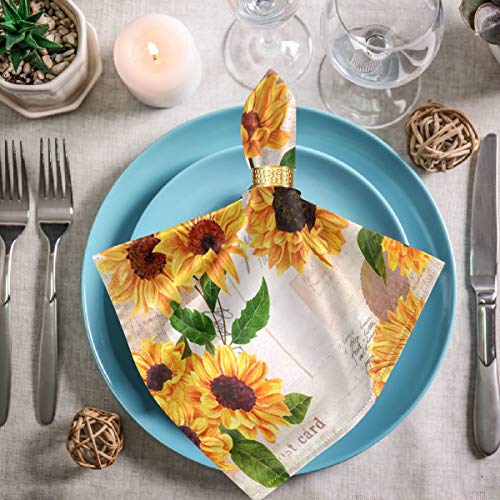 Zzwwr Stylish Vibrant Sunflowers Postcards Vintage Pattern Cloth Napkins, Set Of 6 20 X 20 Inch Soft & Comfortable Polyester Dinner Napkin For Family, Restaurant, Weddings #TOP2