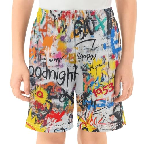 Letter Graffiti Art Basketball Shorts Teen with Pockets Light Weight Gym Short Pants for Youth Size 8 XS2
