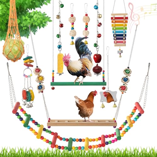 Image of Little World Chicken Toys Complete Set of 12 - All-in-One Chicken Coop Accessories with Xylophone, Swing, Chicken Mirror, Ladder, Vegetable String Bag & Hanging Feeder Coop Toy for Happy Hens
