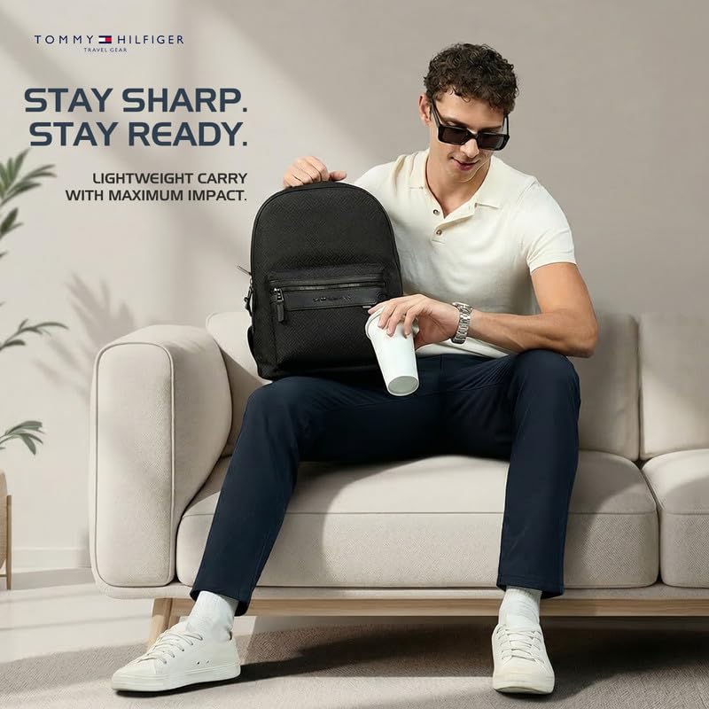 Image of Tommy Hilfiger Unisex Laptop Backpack Flexon - Black | 14 inch Padded Tech Sleeve | Eva Laminated Jacquard Twill With Rwb Webbing & File Organiser | Backpack For Office, College & Work | 23L Capacity