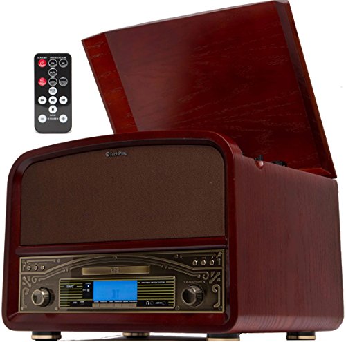 Flash Deals - 40% OFF TechPlay TCP9560BT CH, Bluetooth 20W Retro Wooden 3 Speed Turntable with CD Player, AM/FM Radio, USB Recording & Playback with Remote Control – Cherry Wood Color