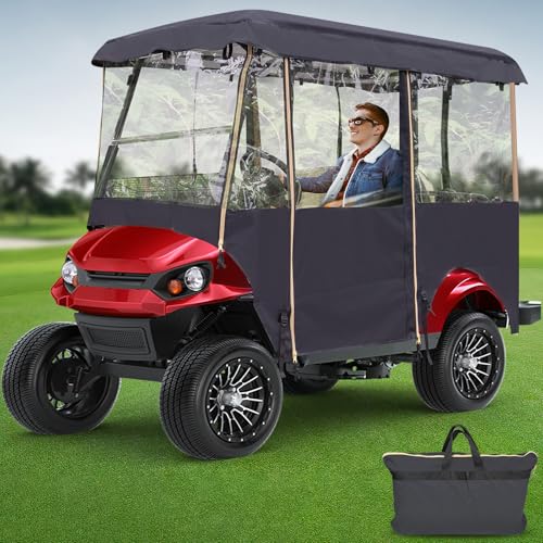 Golf Cart Rain Cover Enclosures 4 Passenger Extended Roof, Universal Clear Golf Cart Poncho for Club Car Ezgo Yamaha, Side Curtains for Cold Weather Wind Winter Waterproof with Zippered Roll Up Doors
