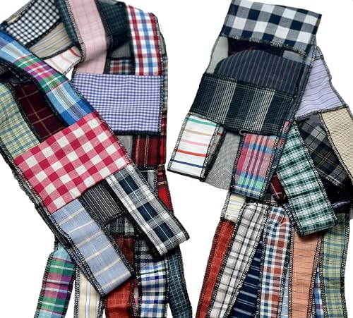 Women’s Handmade Oblong Patchwork Scarf made from Recycled Men’s Shirts and Black Tulle with Tail Accents4