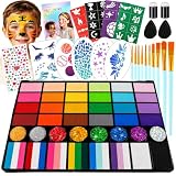 Face Painting Kit for kids, 52 Colors Professional Face Paint Makeup Kit Non-Toxic Water Activated Facepaint Palette, glitter gel, brushes, sponges, stencils for party Halloween School Event Festivals