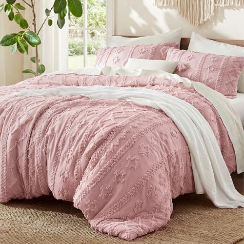 Image of Bedsure Tufted Boho Comforter Set Twin Size - Pink Boho Bed Set, GentleSoft 2 Pieces Farmhouse-Style Embroidery Bedding, Gifts for Woman, Soft Jacquard Twin Comforter for All Seasons