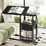 DAPOTUGI Height Adjustable Overbed Table with Wheel and Charging Station, Tiltable Desk C Shaped End Table for Couch, 2-Tier Overbed Bedside Desk with Storage Shelve for Living Room Bedroom