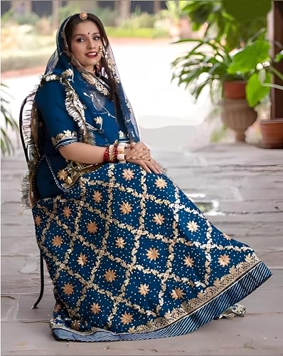 Image of Heavy Embroidery Work Semi Stitched Shimmer Silk Designer Rajputi Poshak For Women Rajasthani Lehenga Choli