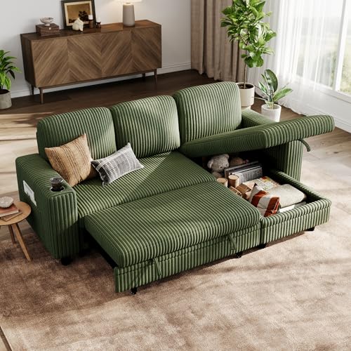 Image of LINSY HOME Sectional Sleeper Sofa Pull Out Couches for Living Room (Green, Sleeper Sofa 1) | Pull Out Sofa Bed, Storage, USB Charging, Cup Holders, Plush Corduroy