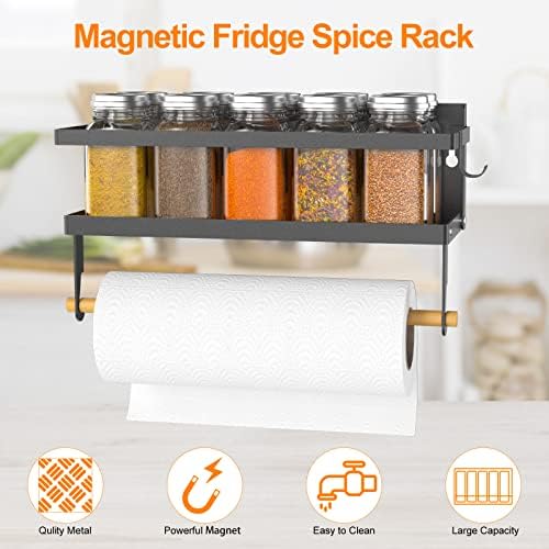 Spice Rack Magnetic Shelf with Paper Towel Holder Roll and Hooks, ARVINKEY Foldable Refrigerator Magnetic Spice Holder, Wall Mounted Seasoning Organizer Hanging Spice Storage Stand for Home Kitchen
