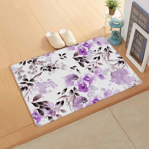 Floral Kitchen Bath Door Mat Cushioned Runner Rug,Washable Welcome Floor Sink Antifatigue Mat,Waterproof & Non-Slip Comfort Standing Doormat,Modern Purple Watercolor Plant Brown Leaves 18
