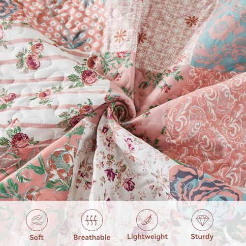 Qucover Quilted Bedspread King Size, American Style Pink Floral Patchwork Quilts Summer Bedspreads 230x260cm - Image 4