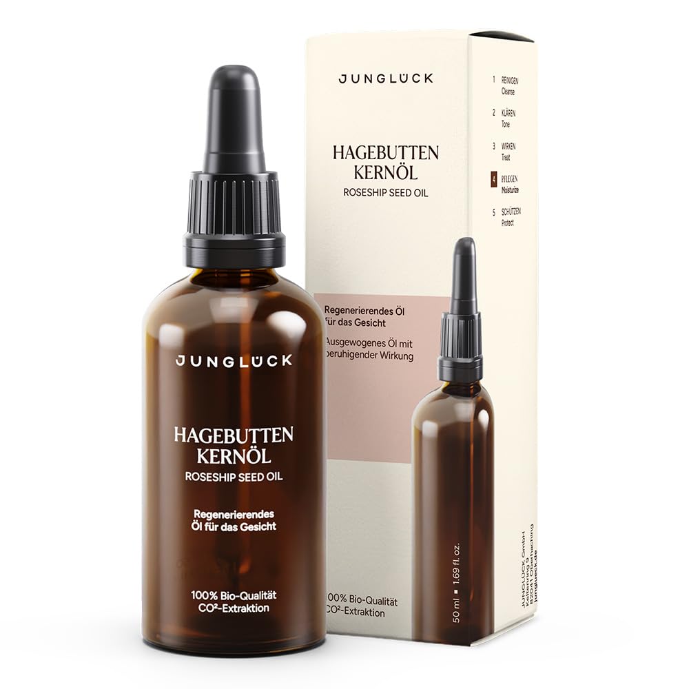 JUNGLÜCK BIO Hagebuttenkernöl - Vegan | Hagebuttenöl Kaltgepresst 100% Rein & Natürlich beruhigt Rötungen, gereizte und sensible Haut | Wildrosenöl antioxidativ regt die Zellerneuerung an