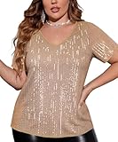 TIYOMI Women's Plus Size Party Tops 3X Champagne Summer Sequin Tops Short Sleeve V-Neck Shirts Club Sparkly Tunic Cocktail Birthday Casual Blouses Loose Fit Summer Tee 3XL 22W 24W