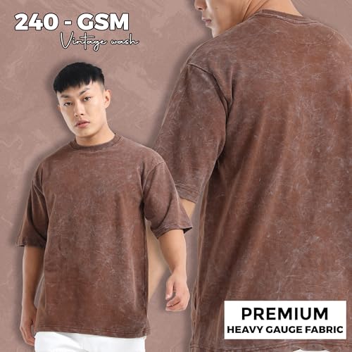 Image of fanideaz Mens 240 GSM Heavy Cotton Acid Wash Oversize T-Shirt Half Sleeve Round Neck Drop Shoulder Oversize Fit