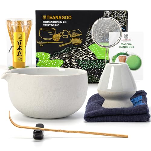 TEANAGOO Juego de té japonés (7 Piezas) Tazón Matcha con Boquilla Batidor Matcha de bambú (Chasen) Pala (Chashaku) Soporte para batidor N3 Gris Claro…