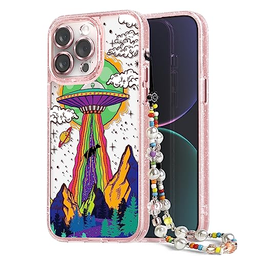 Coque iPhone 14 Pro Max rose pailletée transparente avec dragonne UFO