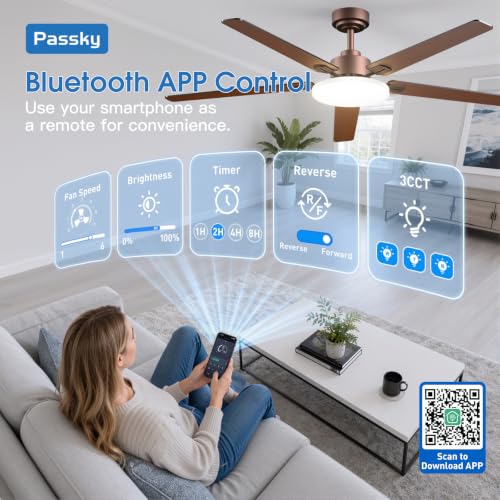 Image of Passky 60 Inch Brown Sleek Ceiling Fans with Lights, Remote Control | 3-color dimmable light, quiet reversible DC motor, easy install, memory, Timer, APP, bedroom, covered outdoor areas