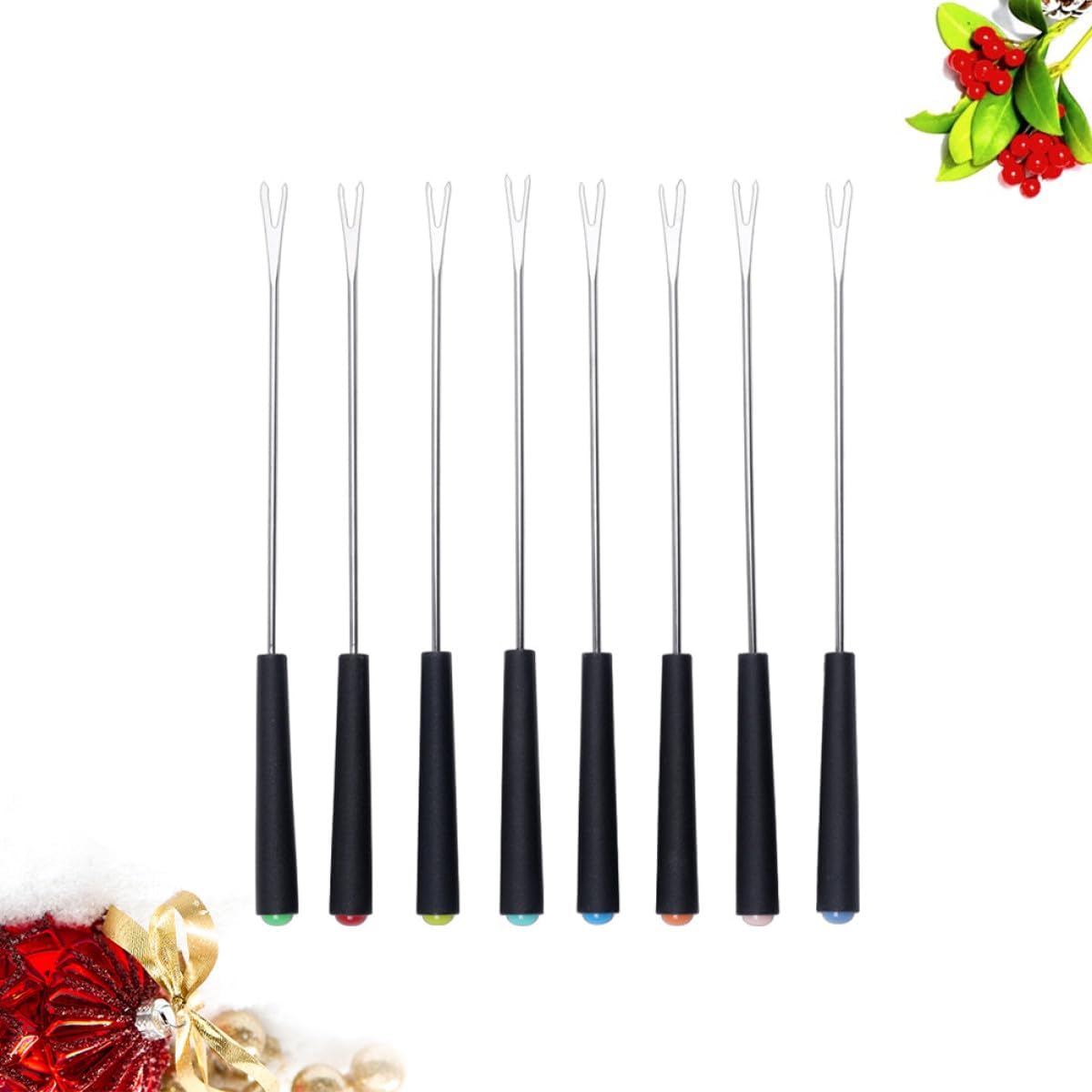 8pcs Stainless Steel Fondue Forks Plastic Handle Cheese Forks for Barbecue Outdoor Kitchen Dining Set Random Color