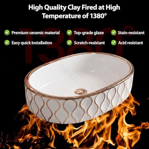 Image of Backline 20x13x5.5 Inches Table Top Wash basin | Basin for Bathroom | Countertop Bathroom Basin For Restaurant /Dining Hall /Living Room /Home (Rosegold White)(5 Years Glaze Warranty)