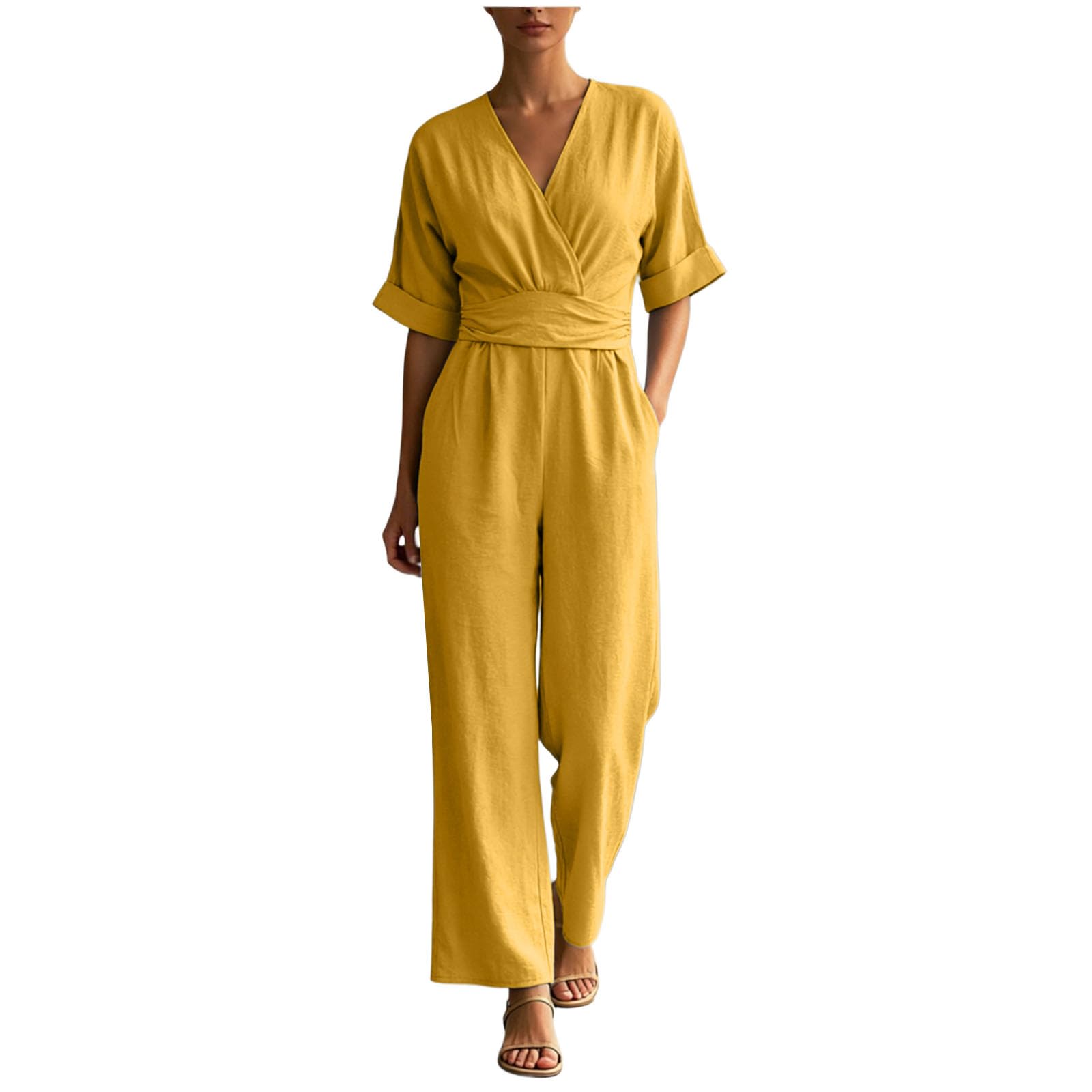 Mono elegante mujer manga media corte liso con cuello V y acabados premium 7