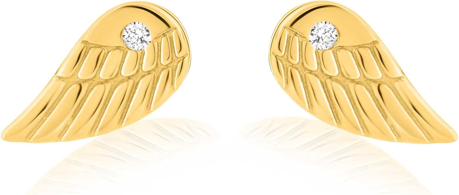 Solid 14k Gold Angel Wing with Tiny Stone Cubic Zirconia CZ Stud Earrings