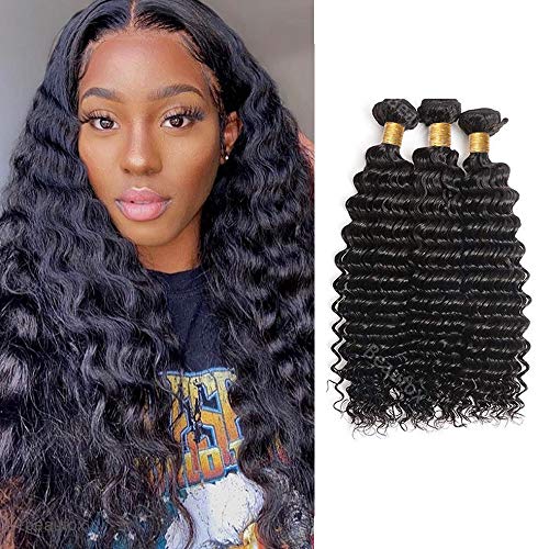 Deep Wave Bundles Deep Brazilian Virgin Human Hair 3 bundles 9A 100% Unprocessed Wet and Wavy Deep Curly Human Hair Bundles(16 18 20, Natural Color)