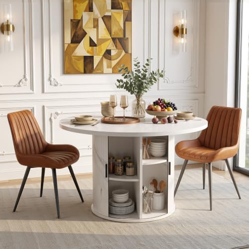 3-Piece Round Dining Table Set for 2, 47-Inch Modern Faux Marble Kitchen Table with Semi-Open Storage Shelf, Soft Fabric Upholstered Dining Chairs (White Faux Marble Table + 2 Brown Chairs)
