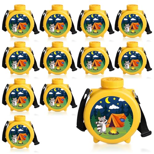 Teecyhooo 12 Pack Camp Adventure Canteens Bulk 20 oz Plastic Camping Water Bottles with Adjustable Nylon Strap for Camping Hiking Outdoor Adventures Birthday VBS Party Supplies